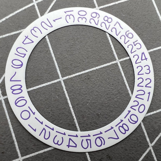 Light purple character disk date wheel for Miyota NH35 NH36 watches with white background.