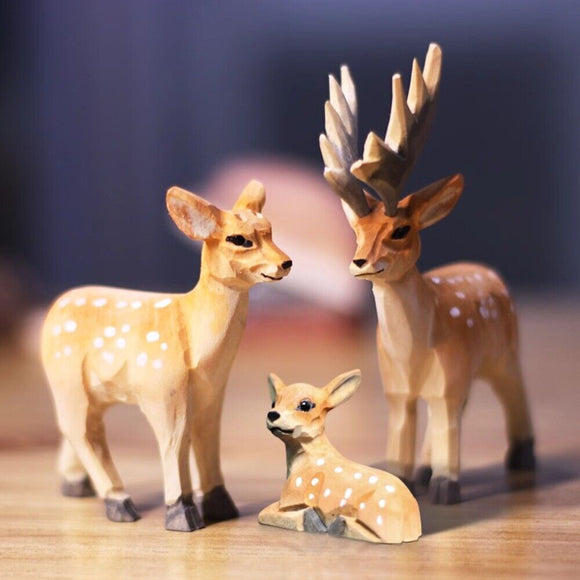 3pcs New Cute Lying+Standing Deer Wooden Figurine Sculpture Decorative Artwork