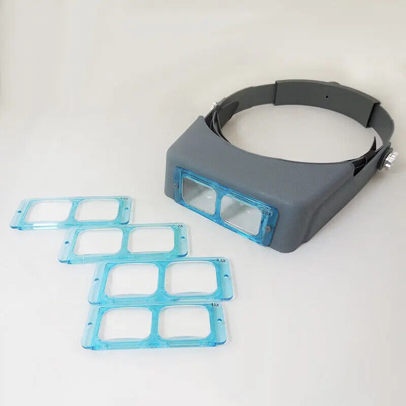 Double lens headband magnifier, 4 adjustable magnifications for detailed hands-free crafting and repair.