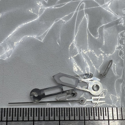 Silver-trimmed 15mm watch hands with green lume for Miyota OS10, OS20, OS22 movements