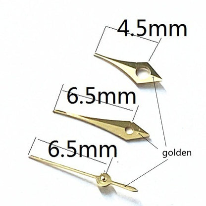 Set of 2 golden 6.5mm pointed trim watch hands for Miyota 2315 and 2035 movements.