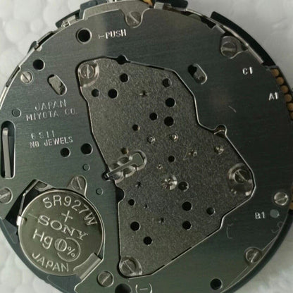 Miyota 6S11 quartz watch movement showing date at 3 o?clock, small seconds at 6, and two hands design