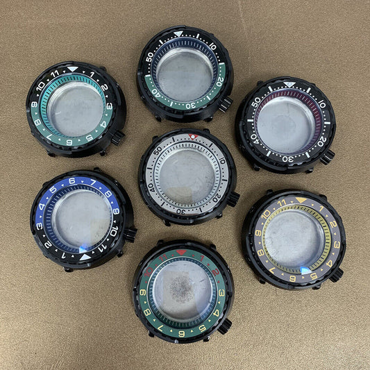 45mm PVD black stainless steel watch case with ceramic ring and mineral glass for NH35 movement.