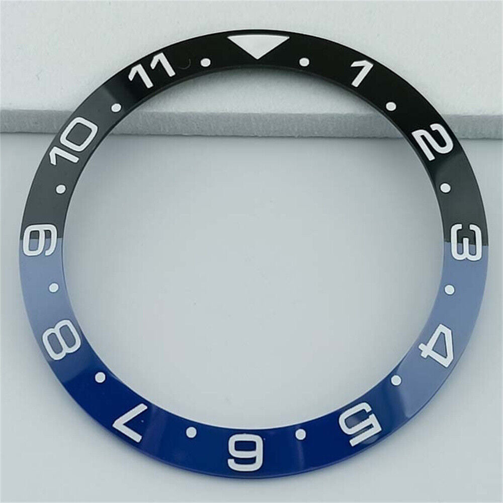 38mm black and blue ceramic GMT bezel for SUB watches with white and gold font, precision-crafted.