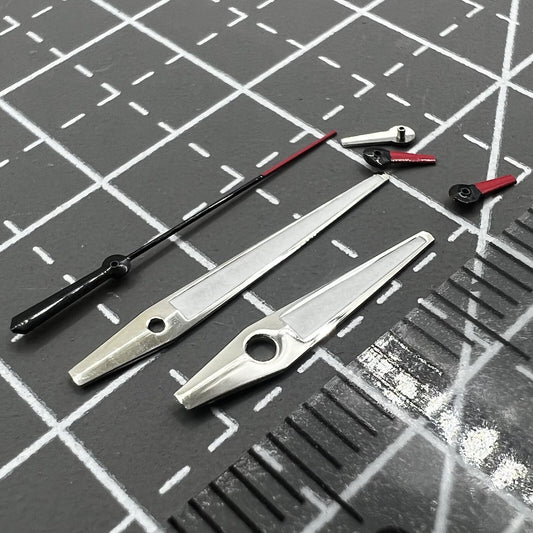 Red and white small second watch hands with silver trim for Miyota OS series, enhancing precision and style.