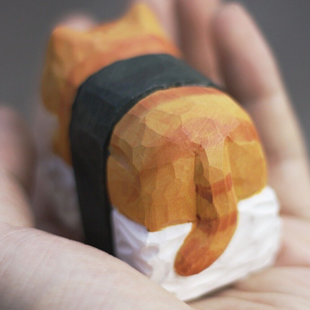 Handmade sushi cat wooden figurine, perfect decorative artwork for home or office.