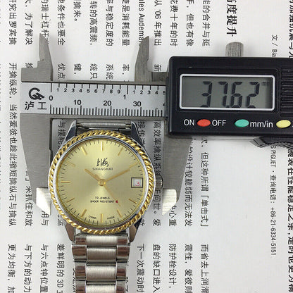 Shanghai Factory 36.5mm manual mechanical watch with 19 jewels, shock-resistant design for durability.