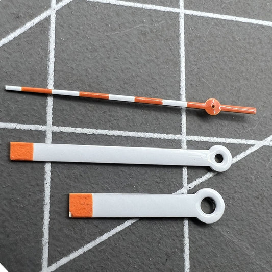 15mm orange and white painted watch hands set for Ronda 515 quartz, perfect for precise timekeeping.