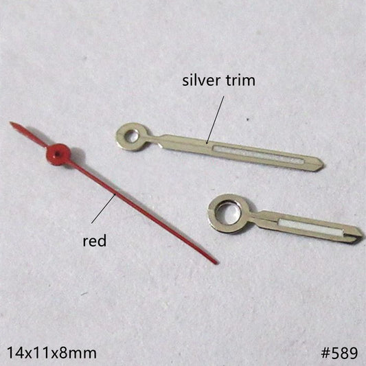14mm silver-trimmed green lume watch hands set compatible with Miyota 2035, 2115, 2105, 2305 movements.
