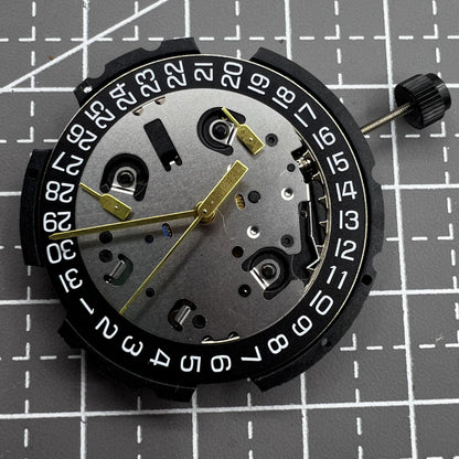 ETA Quarzuhrwerk G10 212 mit schwarzem Zifferblatt, drei Zeigern und Datumsanzeige um drei Uhr