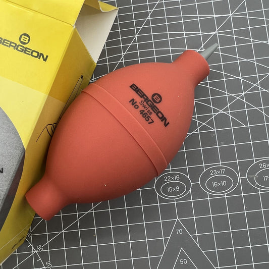 Swiss Bergeon 4657 fine tip rubber watch dust blower for precision cleaning of watch components.