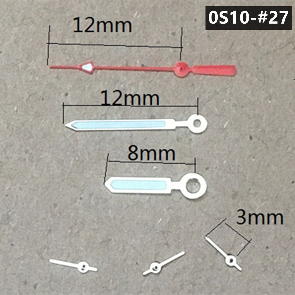 Set of 12mm watch hands with silver trim, red second hand, green luminous detail for Miyota 0S10.