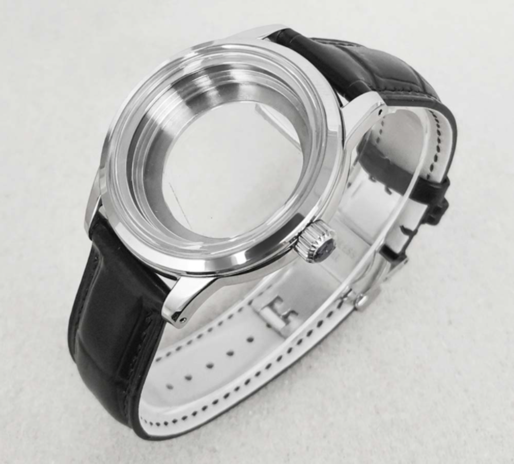 39 mm Edelstahl-Uhrengehäuse mit Schmetterlingsschnalle, Lederarmband für NH35/36