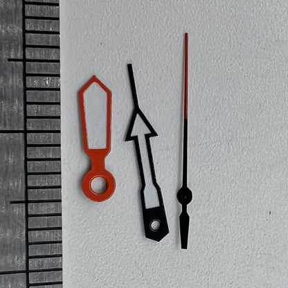 Orange and blue trimmed watch hands with white paint for Miyota 2315 and related models