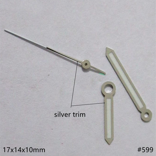 Silver trim green luminous watch hands set for Miyota 2035, enhancing visibility and style.