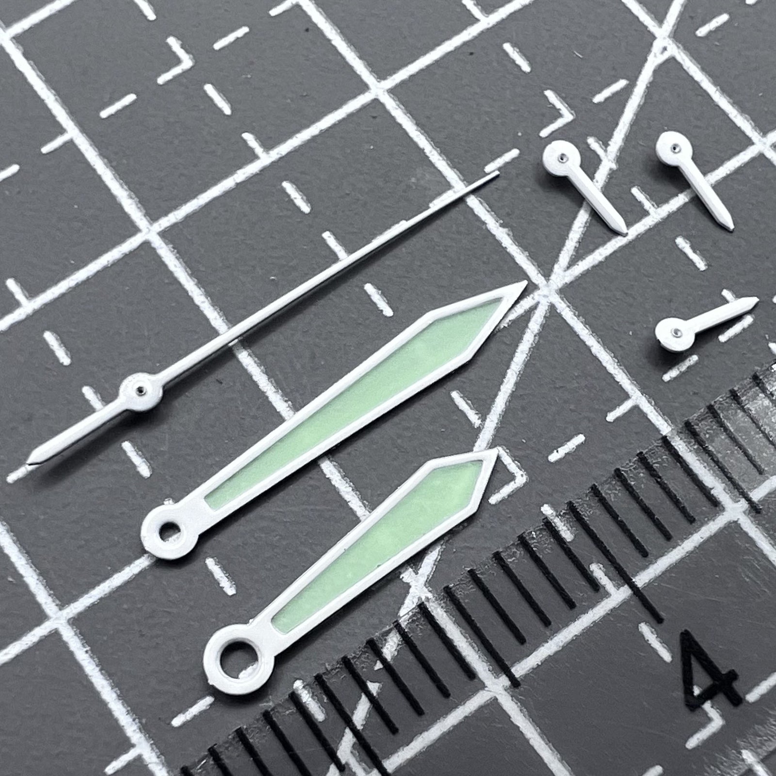 15mm 6 hands green lume watch set with white trim, compatible with ISA 8172 quartz movements, brand included.