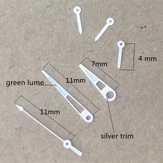 Aiguilles de montre pointues argentées de 11 mm avec lumens verts pour mouvement VD53, VD54 et VD57