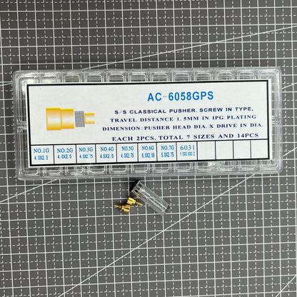 Golden 14pcs stainless steel watch pushers in 7 sizes, durable for classical drive-in type, brand trusted.