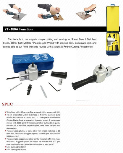 Double head YT-180A metal nibbler cutter attachment by YT for power drills, perfect for precise sheet metal cutting.