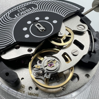 Swiss Made ETA C01.211 chronograph movement with black dial, mechanical precision by Tissot 1853 brand.