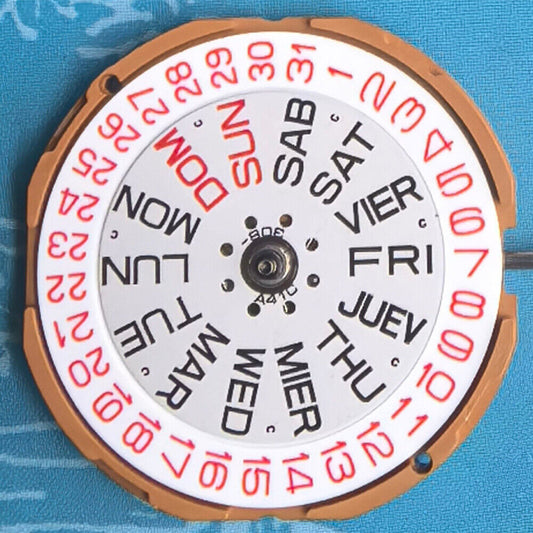 Miyota GM00 Japan Quartz watch movement with red English and Chinese characters dial detail.