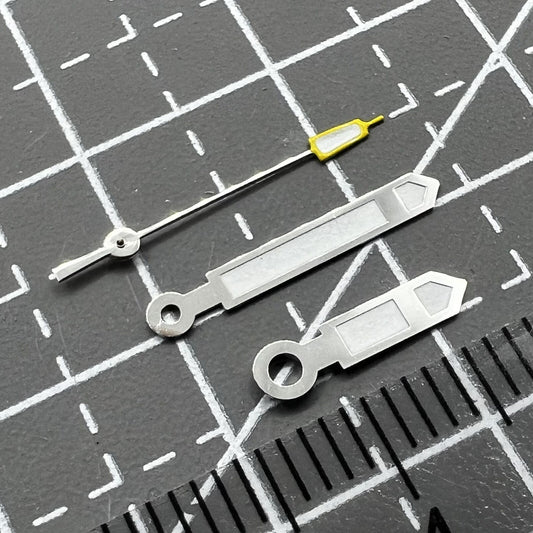 Silver and yellow pointed second hand watch hands for Seiko NH35 NH36, precision replacement parts.