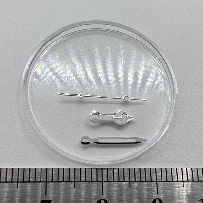 Green luminous 12mm watch hands with silver trim for Miyota NH35/NH36/NH38 movements.
