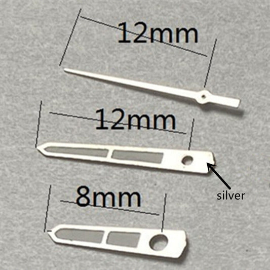 Arrow-shaped silver trim 12mm watch hands for Miyota 2315 and related movements, precise timepiece parts.