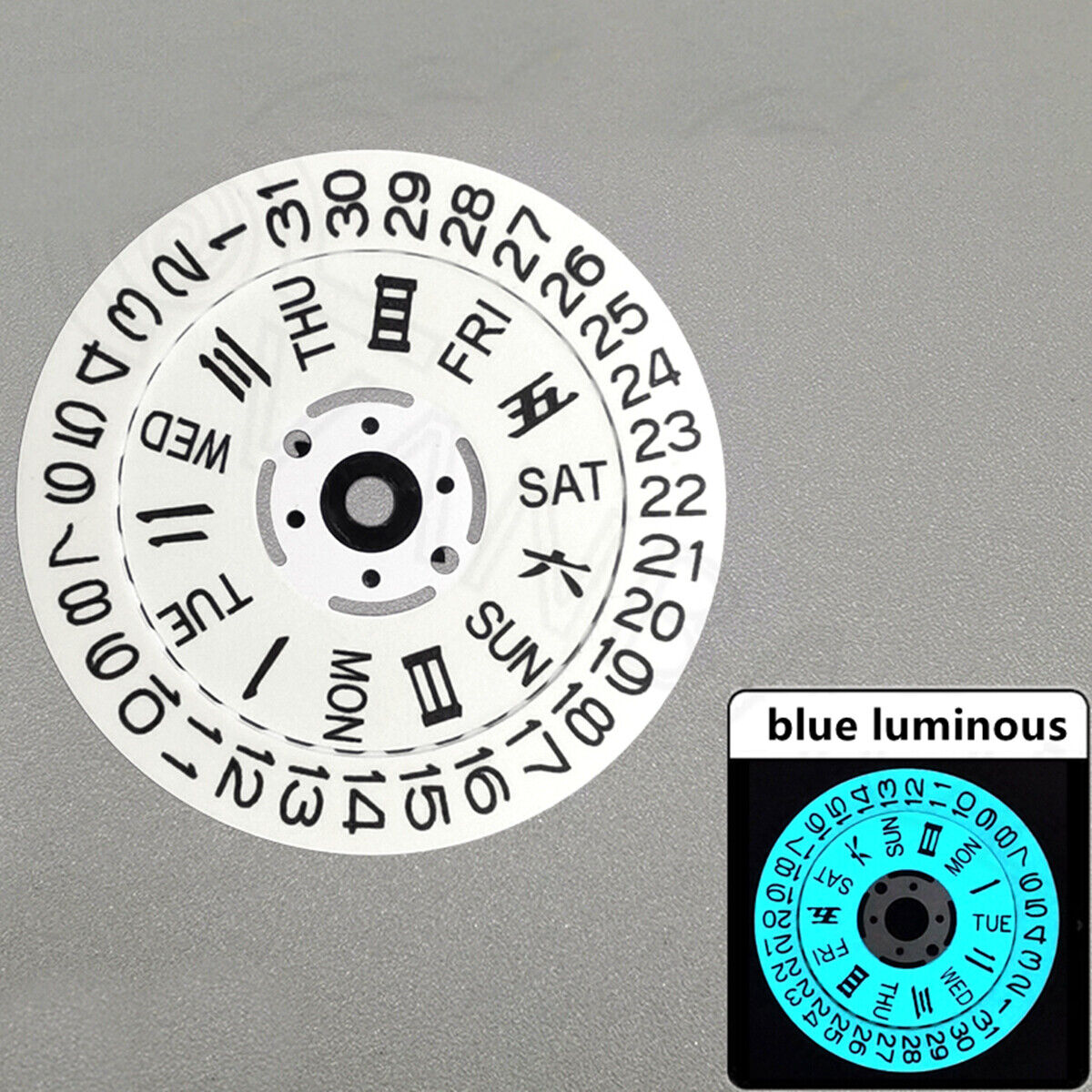 Blue lume date and week wheels with Chinese font for NH36 movement, white disk precision parts.