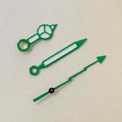Green luminous watch hands set with lightning second hands for NH35 NH36 movement, ideal for precise timekeeping.