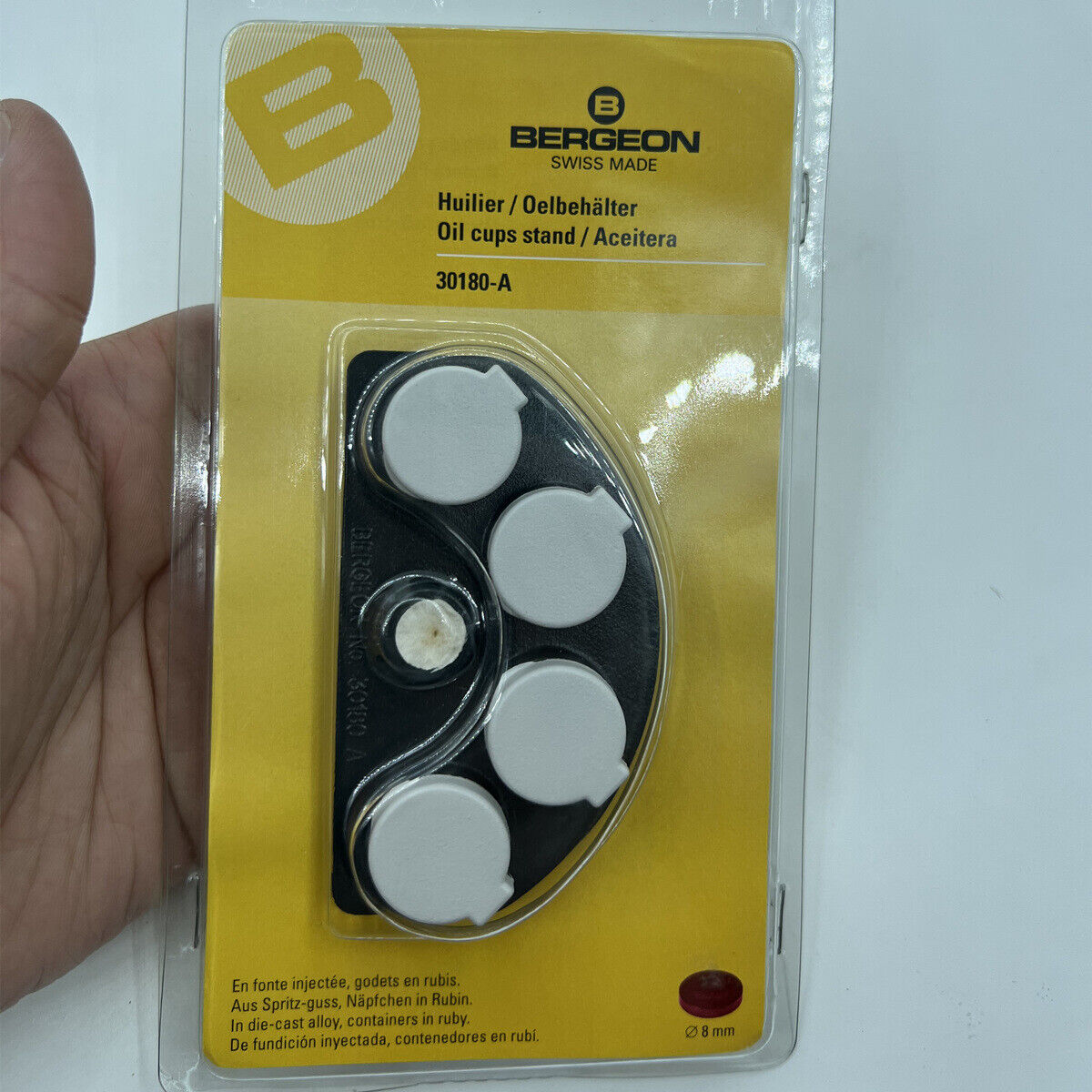 Bergeon 30180-A die-cast watch oil dip oiler stand for precise watch repair maintenance.