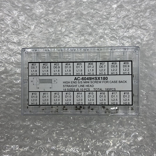 1. High End S/S Mini Screw for Watch Case Back, Straight Line Head, 180PCS, Multiple Sizes