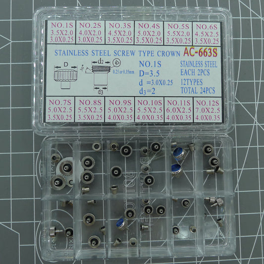 AC-663S stainless steel screw type crown, durable watch accessory set, 24 pieces for repairs