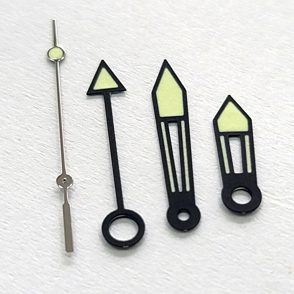 Green luminous watch hands with black trim, designed for NH34 movement GMT models, Japanese precision.