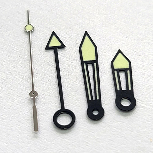 Green luminous watch hands with black trim, designed for NH34 movement GMT models, Japanese precision.