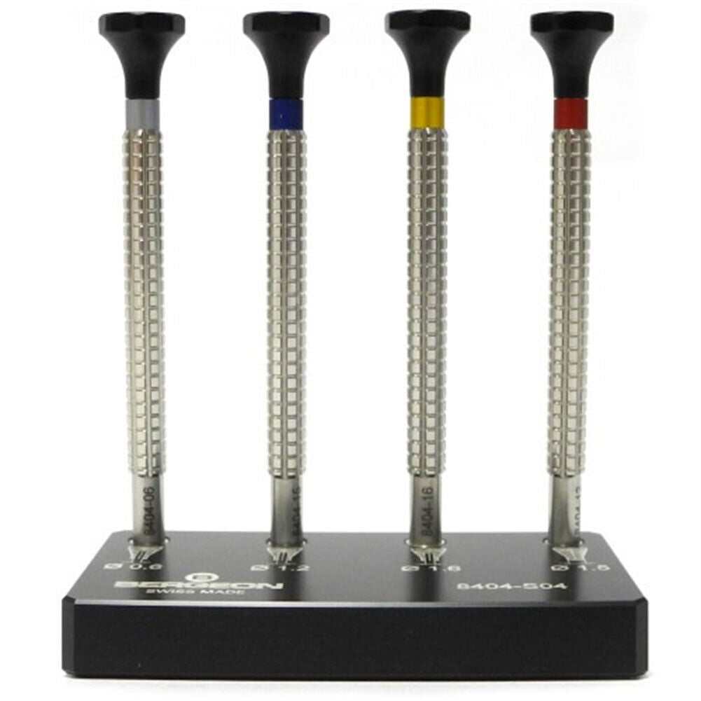 Swiss Bergeon 8404 watch hand fitting tools set of 4 on stand, precise watch repair accessories for professionals
