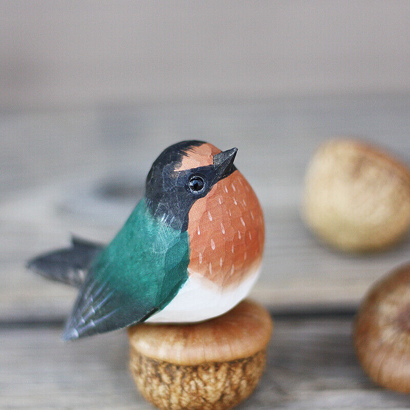 Handmade Young Swallow wooden figurine, detailed decorative sculpture for home decor.