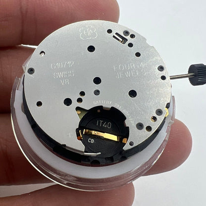 V8 ETA G10.711 quartz watch movement with multifunctional date at 6, Swiss precision and durability.