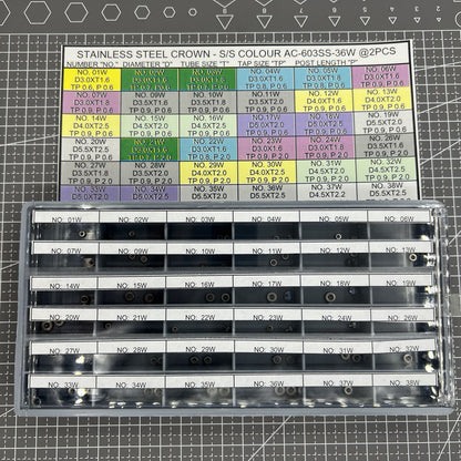 Stainless steel watch crown assortment kit, 36 sizes, silver finish, 72 pieces for repairs ? brand included.