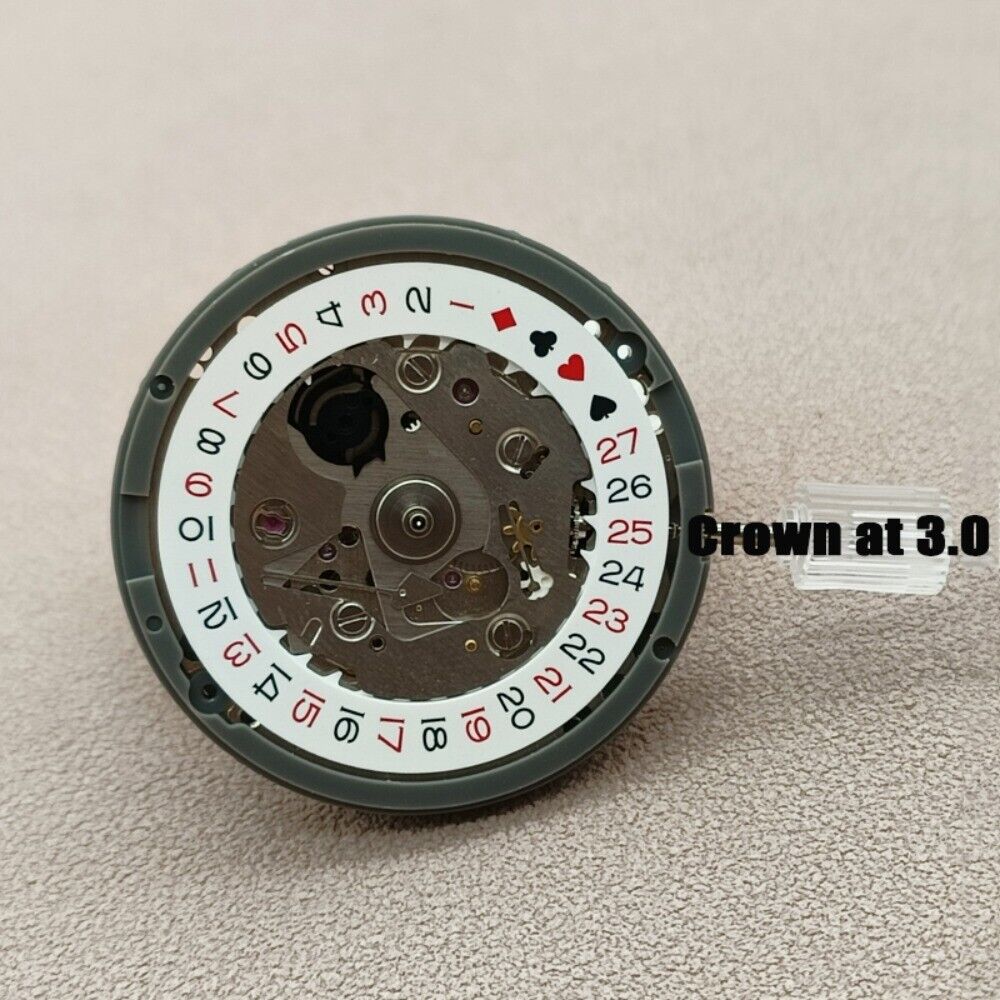 Japan NH35A automatic watch movement featuring black spade hands and SKX007 style crown positioned at 3 o'clock for precise timekeeping.