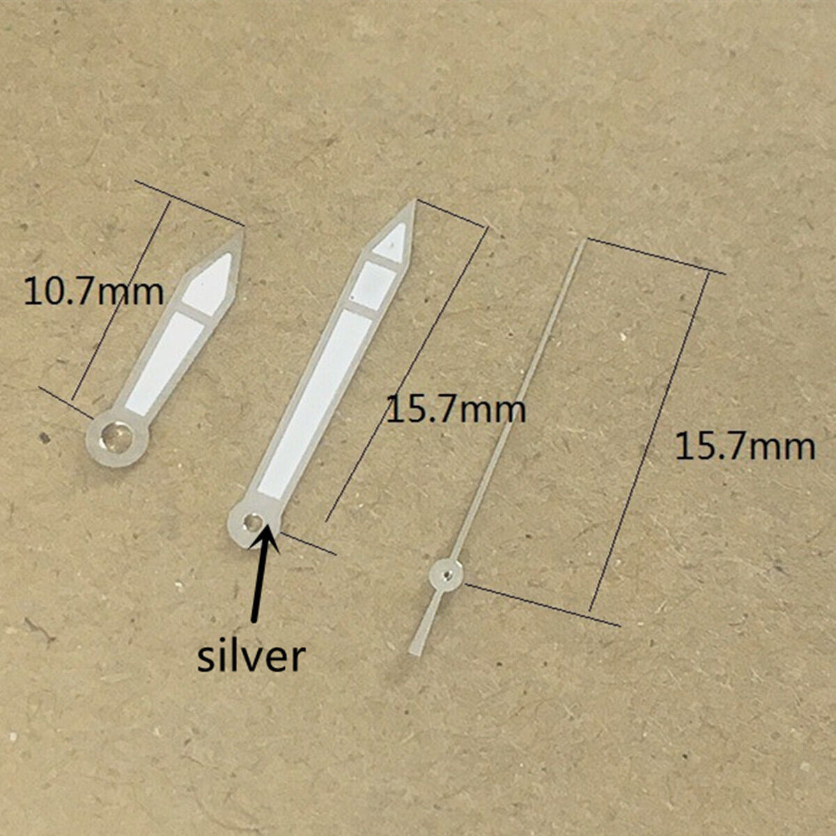 Silver-trimmed white watch hands for Miyota 2315/2035/2036/2115/2305 movements, 15.7mm, Timex brand