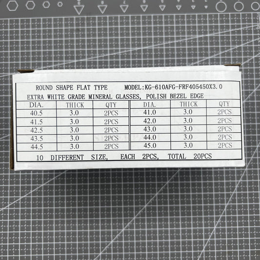 1. Set of 20 flat 3.0mm thick mineral crystal watch glass, 40.5-45mm diameter for replacements.  