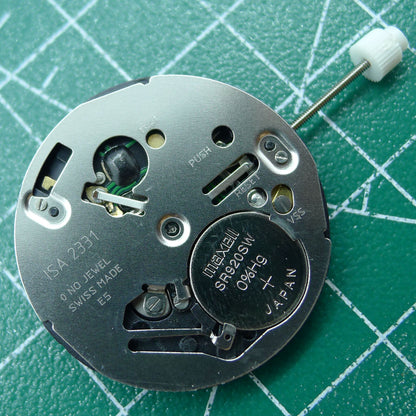 Swiss ISA 2331 black dial quartz watch part with date at 6, ideal for repairs and custom watch builds.