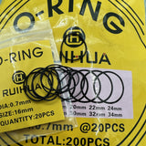 DIA 0.5-0.7mm Thick 200PCS Size16-34mm Waterproof O Ring Kit Watch Back Gasket