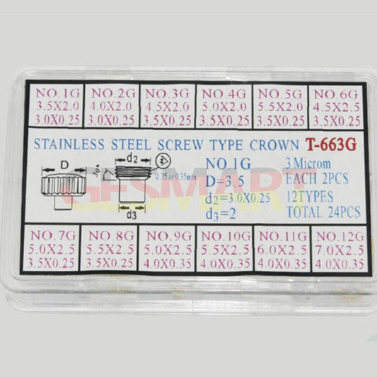 1. Stainless steel golden watch crown assortment kit with 24 screw type crowns.  