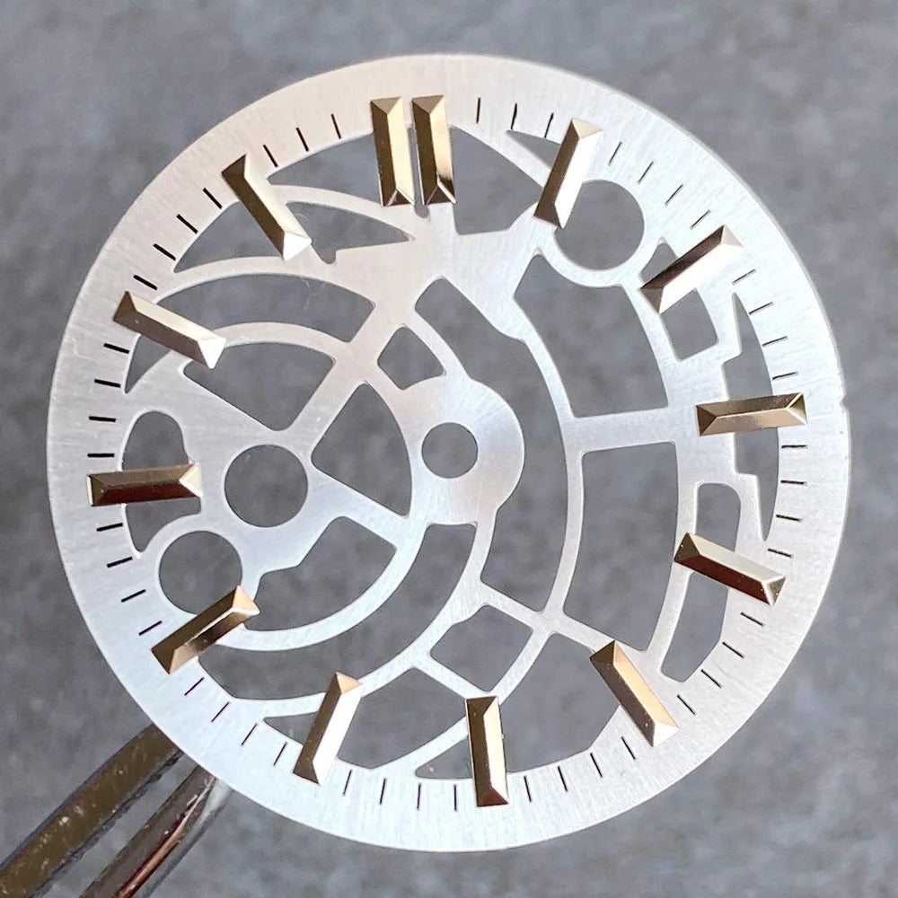 29mm silver hollow watch dial for NH35 NH38 movements, sleek design with no logo, perfect for custom watch builds.