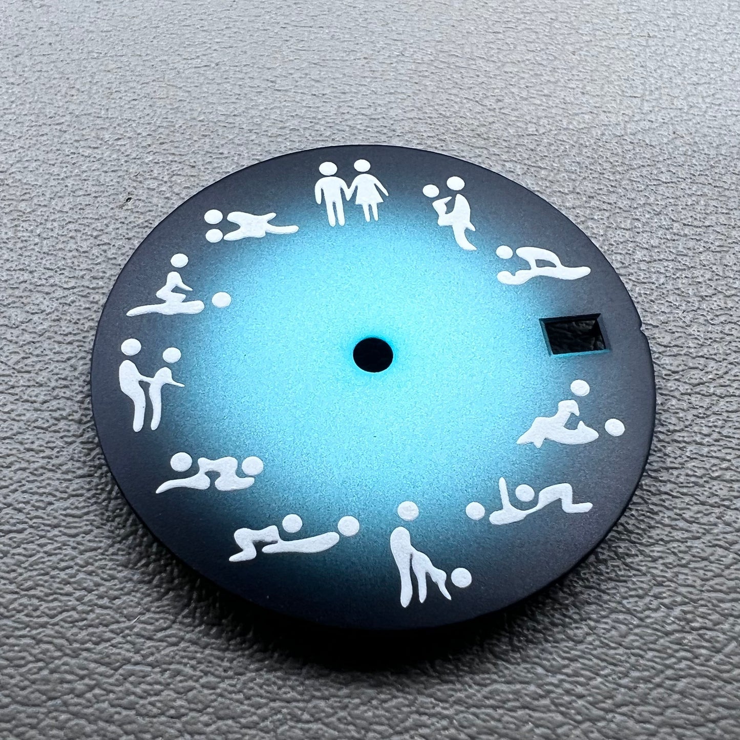 28.5mm green lume watch dial with gradual sky blue gradient, fits NH35 NH36 movements, by Adult Love.