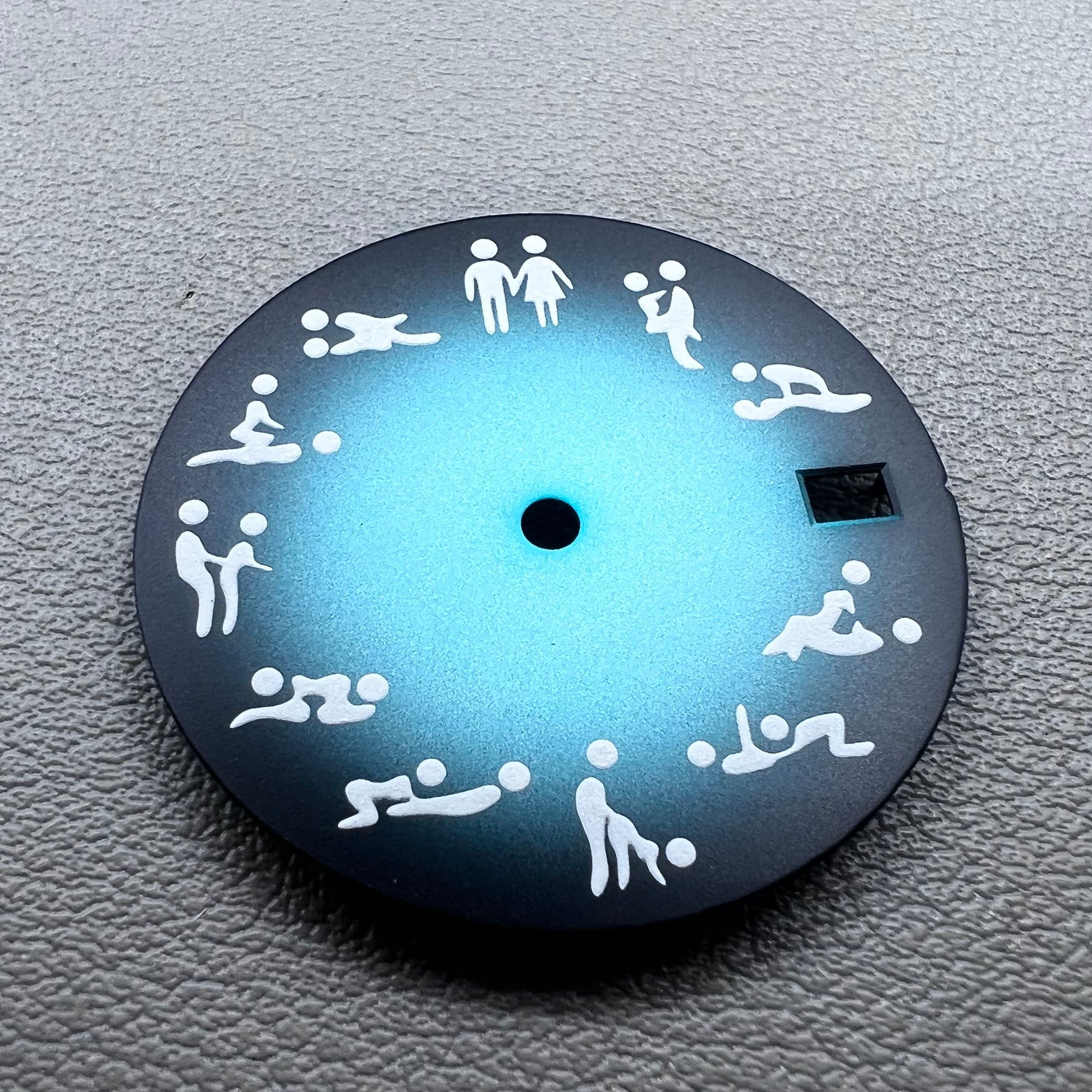 28.5mm green lume watch dial with gradual sky blue gradient, fits NH35 NH36 movements, by Adult Love.