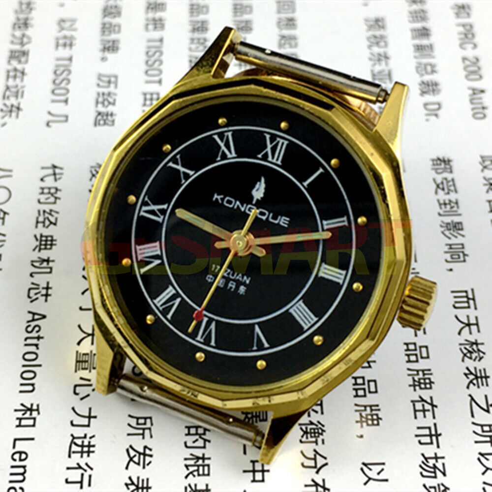 33mm Dandong manual watch with 17 jewels, black dial, gold markers, and three hands for precise timekeeping.