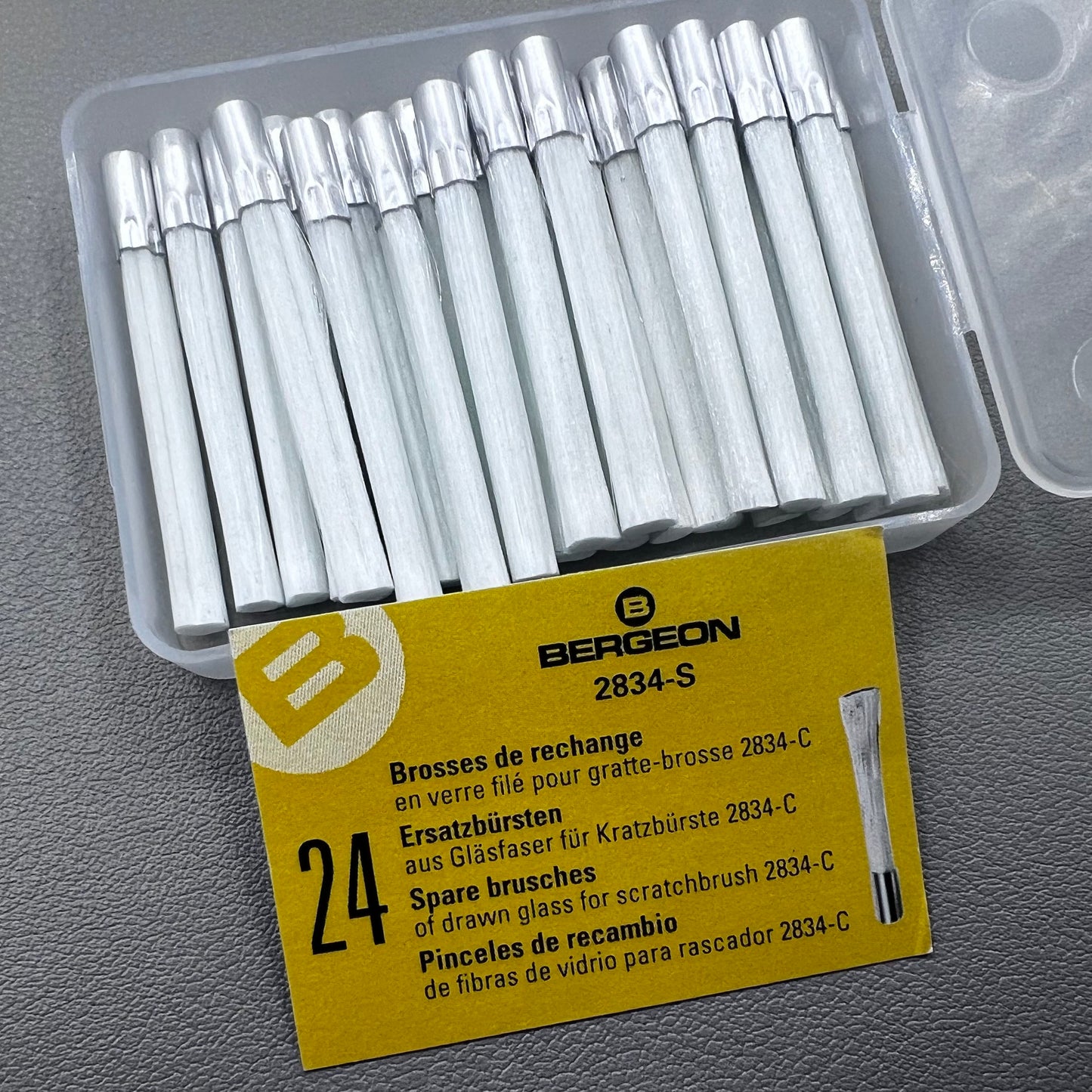 Swiss Bergeon 2834-S glass fibre brush refills pack of 24 for precise watch accessory cleaning.